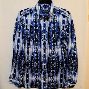 Jones New York Signature Blue Black Ikat Print Button Down Shirt Epaulets Large